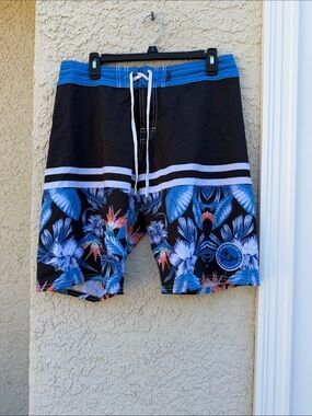 HONOLUA HAWAII Men's Black with Blue Orange Floral Design Boardshorts Size 32